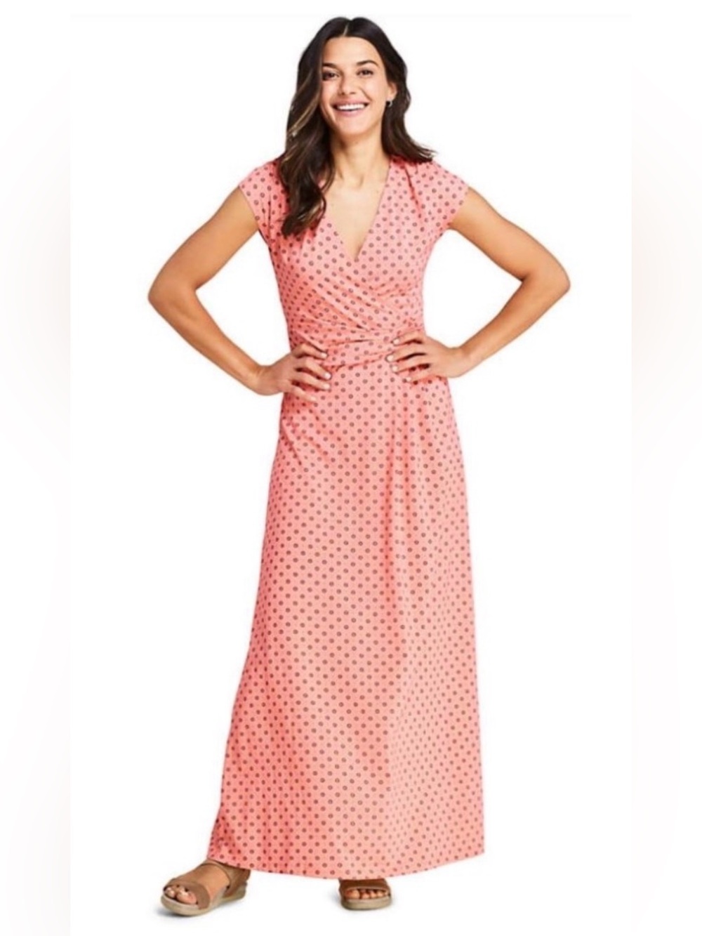 Lands' End Peach Red Print Ultra-Soft Knit Maxi Dress Size 2-4 Spring Wedding